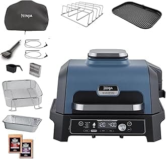 Woodfire Pro Connect XL Electric BBQ Grill & Smoker with App Control, 2 Digital Probes, Rib Rack, Cover, Liners & Cleaning Brush, Large 7-in-1 Outdoor Grill & Air Fryer, Blue & Black OG901UKAMZ