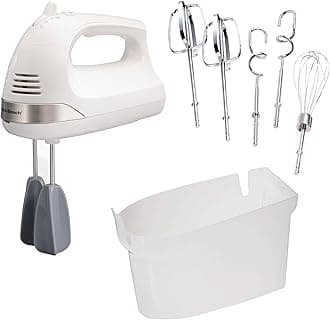 6-Speed Electric Hand Mixer with Whisk, Dough Hooks and Easy Clean Beaters, Powerful 275 Watt Motor, Snap-On Storage Case, White