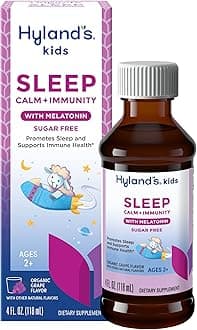 Hyland's Kids Sleep Calm & Immunity with Melatonin, Sugar-Free Sleep Aid Liquid with Magnesium, Vitamin D, Zinc & Elderberry, Promotes Sleep & Supports Immune Health, Ages 2+, Grape Flavor, 4 Fl. Oz.