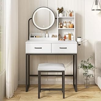 Vabches Makeup Vanity Desk with Mirror and Lights, Cute Vanity Makeup Table, Small Vanity Table for Bedroom with Lots Storage, 3 Lighting Modes, 31.5in(L)…