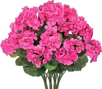 Artificial Flowers for Outdoors, 4 Pack Artificial Geraniums Silk Flowers UV Resistant Outdoor Plants Faux Flowers for Home Outdoors Garden Porch Window Wedding Spring Decor (Rose Red)