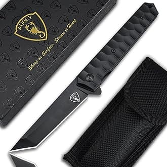 AUBEY Tanto Blade EDC Knife, 440 Steel Pocket Folding Knife with Liner Lock, Clip, Aluminum Handle and Glass Breaker, Ideal for Men Women (Black)