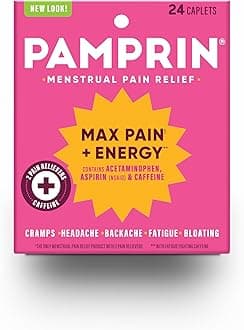 Pamprin Maximum Strength Max Pain and Energy Formula, Menstrual Period Symptoms Relief for Cramps, Bloating and Fatigue, 24 Caplets