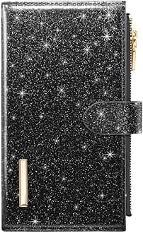 Coco RossiWomens RFID Blocking Large Capacity Wallet Multi Card Organizer Bifold Wallet for Women with Zipper Pocket, Black Glitter, Large, Casual