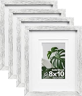 Egofine 8x10 Picture Frames Set of 4, Made of Solid Wood Covered by Plexiglass 4x6 and 5x7 with Mat or 8x10 without Mat, for Table Top Display and Wall Mounting Photo Frame Driftwood White