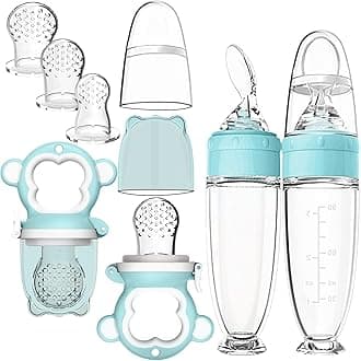 2 Pack Baby Food Dispensing Spoon, 2 Pack Baby Food Feeder with 3 Different Sized Silicone Teething Pacifiers, Baby Fruit Feeder (Blue)
