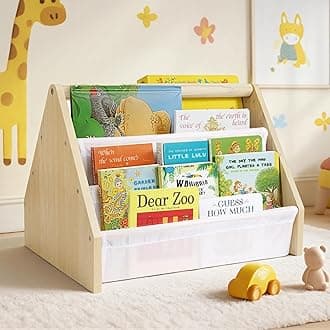19" Toddler Bookshelf, 6-Tier Double-Sided Kids Bookshelf, Montessori Bookcase for Toddlers with Deep Fabric Pockets, Natural Wooden Toy Storage Organizer for Nursery or Playroom