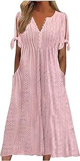 Elegant Summer Dresses for Women 2024 Trendy Tie Short Sleeve Button Down v Neck Eyelet Maxi Long Tshirt Dress