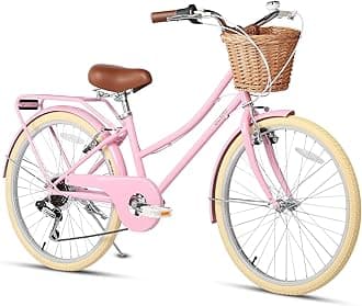 Glerc 26 Inch Beach Cruiser Bike, 6-Speed Hybrid City Bicycle for Girls Youth and Over 6 Years Old, Missy Bike with Wicker Basket & Lightweight, Pink