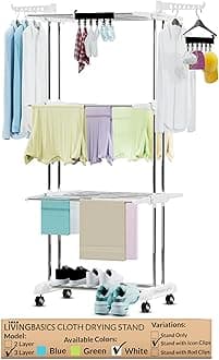 LIVINGBASICS 2 Icon Clips with 3 Layer Clothes Stand for Drying/Cloth Drying Stand for Balcony/Stainless Steel Dryer Rack (Snow White, 64 x 174 x 74 cm)