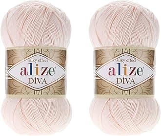 Diva Hand Knitting Yarn - 100% Microfiber Acrylic With Silk Effect - Crochet Art Lace Craft - 2 Skeins, 200gr, 767 Yds (382-Powder)