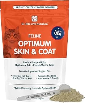 Dr. Bill’s Feline Optimum Skin & Coat – Fish Oil Omega-3 Fatty Acids for Cats Healthy Fur | Reduce Shedding and Hairballs with Biotin, Type I & III Marine Collagen, Hyaluronic Acid, & Folic Acid