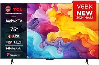 TCL75V6BK 75-inch 4K Ultra HD, HDR TV, Smart TV Powered by Android TV (Dolby Audio, Voice Control, Compatible with Google Assistant, 2024 New Model)