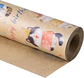 RUSPEPA Kraft Wrapping Paper Roll - Mini Roll - Birthday Cat Design Great for Birthday, Party, Baby Shower - 17 Inches X 32.8 Feet