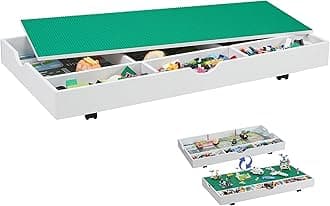 2 in 1 Lego Crafting Table, Kids Storage Table with Locking Wheels, Game Table with Block Board and Train Car, Suitable for Storing Under Bed or Sofa (White)