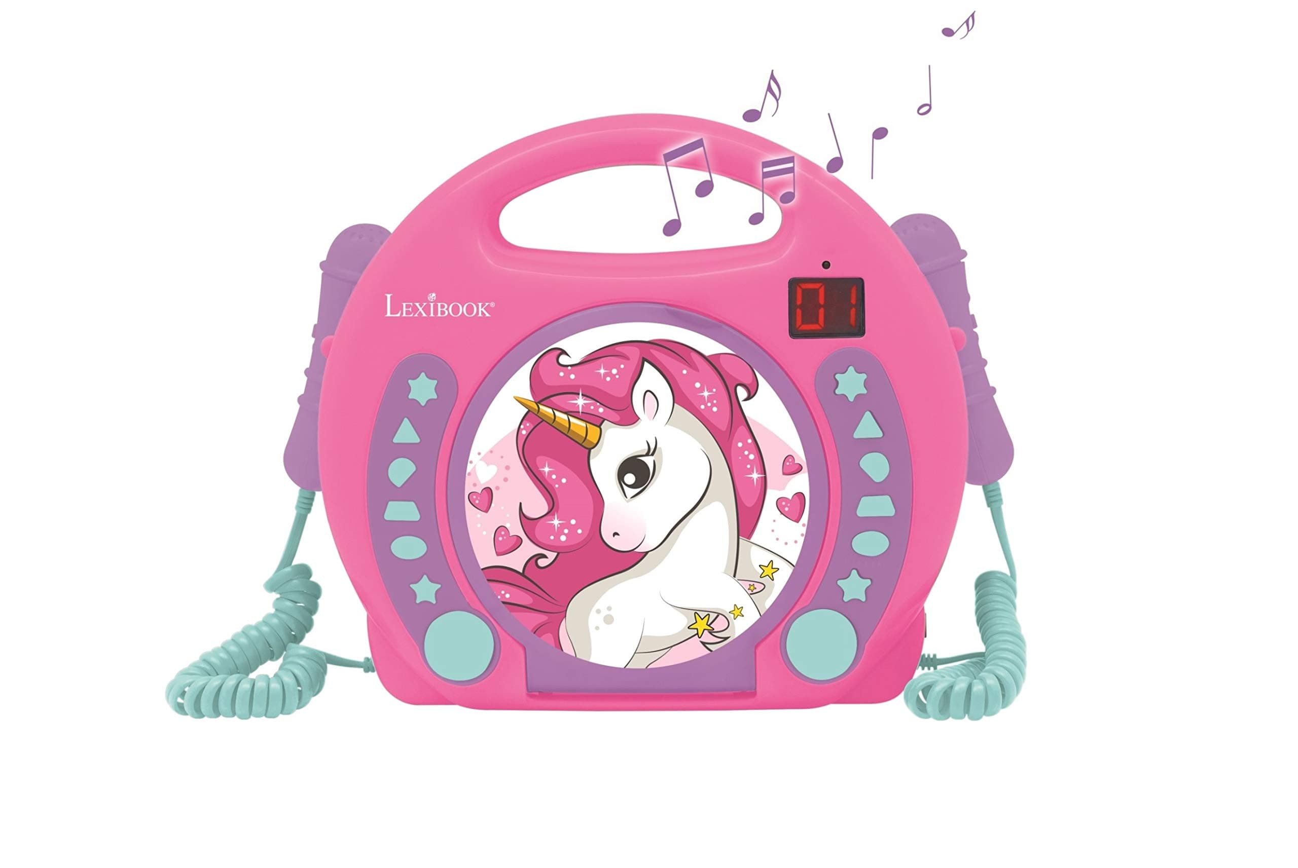 Lexibook Unicorn - Karaoke CD player with mics, Programming function, headphones jack, for kids, with power supply or batteries, Pink/Purple, RCDK100UNI