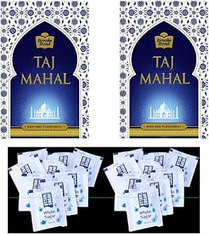 Taj Mahal Tea 250 Gram,(Pack Of 2) | Rich and Flavourful Chai - Premium Blend of Powdered Fresh Loose Tea Leaves + Premium Sugar Sachets Pack Of 72
