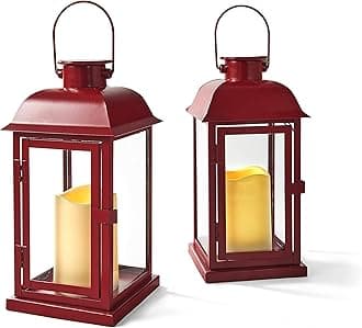 LampLust Red Outdoor Solar Lantern with Flameless LED Pillar Candle: 11 Inch Tall, 2 Pack, Waterproof, Metal, Hanging Decorative Candle Lamp for Porch, Floor or Patio Home Decor