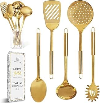 Gold/Brass Cooking Utensils for Modern Serving - 5 PCS Stainless Steel Set: Serving Spoon, Soup Ladle, Pasta Fork, Spatula, Kitchen Skimmer