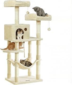 Feandrea Cat Tree, 56.3-Inch Cat Tower for Indoor Cats, Multi-Level Cat Condo with 11 Scratching Posts, 2 Perches, Cave, Hammock, Beige UPCT15BE