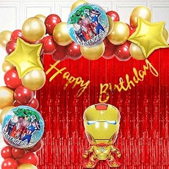 Party town Ironman theme decoration combo for boys and girls theme birthday party with Metallic balloons | Ironman foil balloons | Star foil | Balloon arc | Glue dots - (Pack of 70) (Ironman)