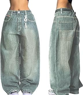 EMMIOL Women Hip Hop Baggy Jeans Wide Leg Mid-Low Waist Jeans Loose Boyfriends Jeans 90s Vintage Denim Pants