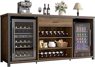 LVB 70.9” Bar Cabinet with Fridge Space, Long Liquor Cabinet with Wine Coolers Space, Large Wood Coffee Bar Cabinet with Drawer Storage, Industrial Sideboard Buffet for Kitchen Dining Room, Rustic Oak
