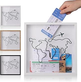 Travel Adventure Archive Shadow Box For Memories,8&12Inch Concert Travel Ticket Stub Memory Top Loading Shadow Keepsake Box With Slot On Top,life In a Shadow Box Travel Frame (White, 8x8)
