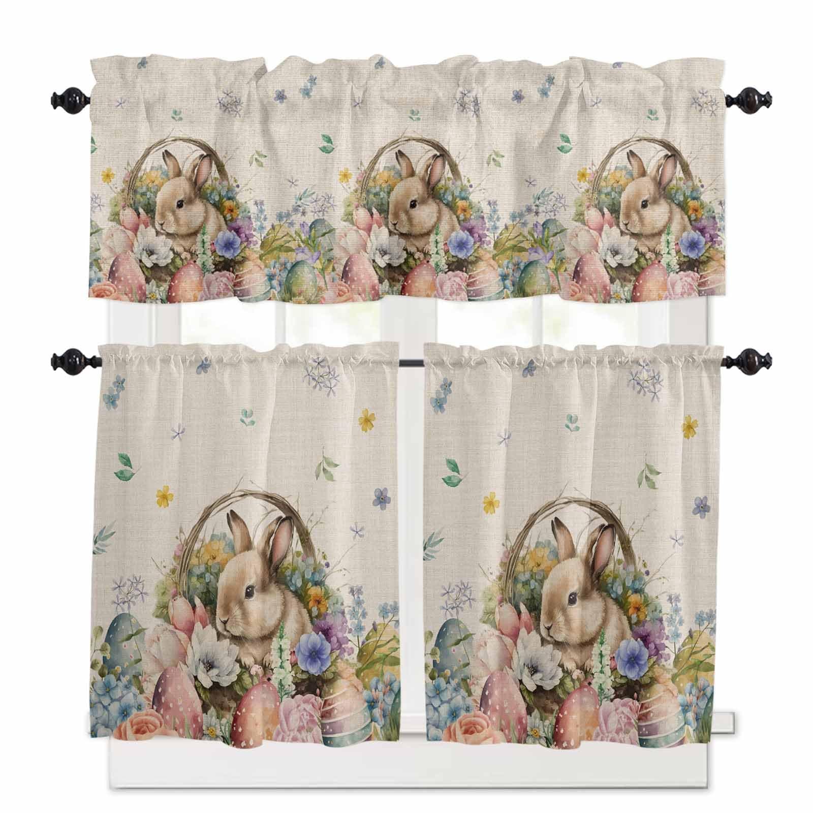 Rustic Easter Kitchen Curtains Set 3 Piece for Windows Curtains Valance and Tier Set 36 Inch Length, Bunny Egg Flowers Spring Off-White Rod Pocket Cafe Curtains for Living Room Bathroom