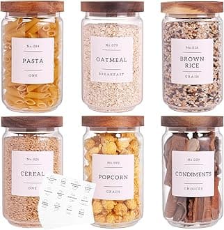 6 Set Glass Pantry Storage Jars with Acacia Airtight Lid - 23oz Kitchen Canisters with 132 Labels - Food Storage Containers with Wood Lid for Tea, Sugar, Cookie, Coffee