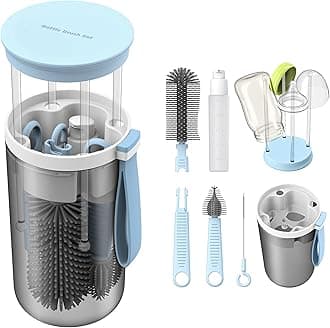 Travel Baby Bottle Brush Set with Extendable Liquid Silicone Bottle Brush，Nipple Brush，Built-in Bottle Drying Rack，Straw Cleaner Brush，Baby Bottle Soap Dispenser，Bottle Warmer (Blue)
