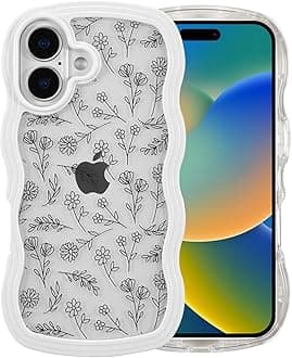 QLTYPRI for iPhone 16 Case, Cute Curly Wave Frame Clear Case for Girls Women, Flower Clear TPU Bumper Slim Soft Silicone Shockproof Protective Phone Cover for iPhone 16 - Black Floral/White