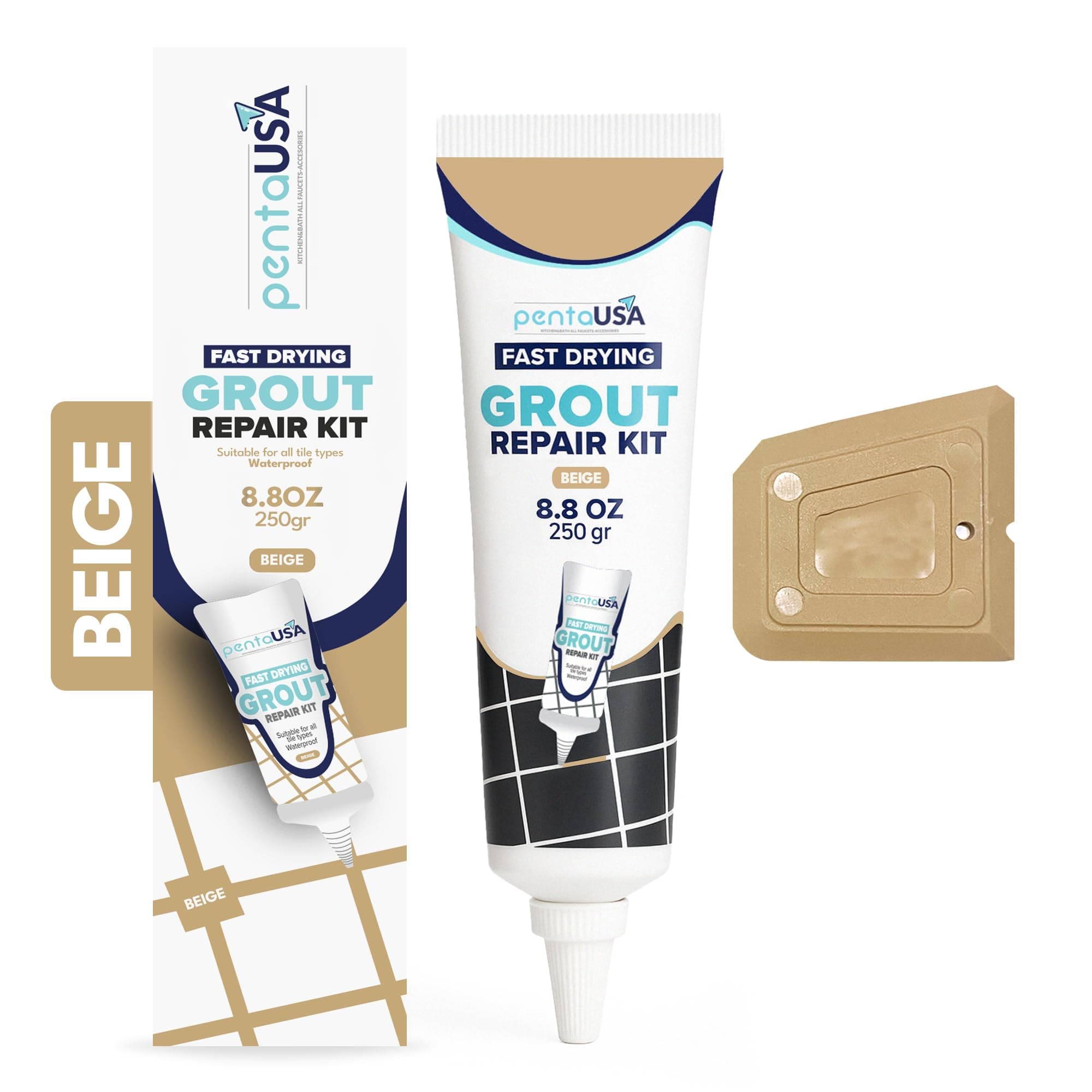 Warm Beige Tile Grout Repair Kit - Premixed Sanded Grout for Bathroom Shower Kitchen Floor, Beige Collection, Waterproof Filler Tube with Applicator, Easy DIY Restore (8.8oz / 250g)