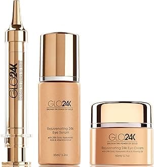 GLO24K UNLEASH THE POWER OF GOLD Complete Eye Care Set with our 24k Instant Facelift Cream, Eye Treatment Cream, and Eye Serum. Skin Serum Formulated to Treat the Delicate Skin around the Eyes