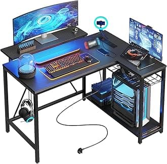 106.5CM L-Shaped Gaming Desk with RGB LED Lights Carbon Fibre Surface, 3 Power Outlets & 2 USB Ports, Reversible Corner Desk with Shelves & Hooks for Home Office & Small Spaces