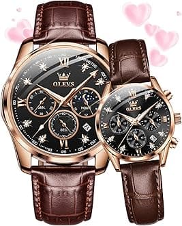 OLEVS Valentines Couple Pair Quartz Watches His and Her Couple Set Leather Chronograph Diamond Wrist Watch Men Women Lovers Wedding Romantic Gifts Set of 2