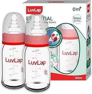 Luv Lap Essential Slim Neck Glass Feeding Bottle, 125ml, 3m+/Babies Upto 3 Years, Made of Borosilicate Glass, BPA Free, Ergonomic Shape is Easy to Hold, with Anti Colic, Pack of 1, White & Red