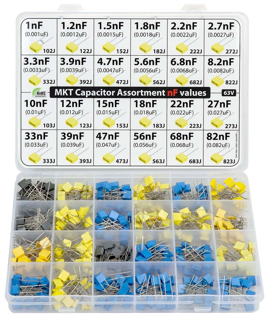 nF values - MKT Polyester Box Capacitor Kit Assortment 350 pcs 24 values 63V, all nF values, 1nF, 1.2nF, 2.2nF, 2.7nF, 3.3nF, 4.7nF 10nF, 12nF, 15nF, 18nF, 27nF, 33nF, 39nF, 47nF, 56nF, 68nF, 82nF etc