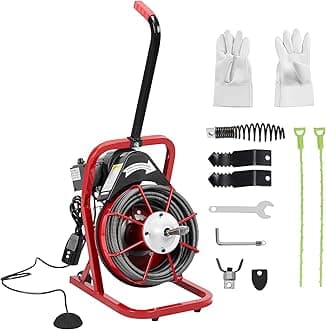 Garvee Drain Cleaner Machine, 50 Ft X 3/8 Inch Professional Automatic Electric Drain Auger for 1 to 4 Inch Pipes, Portable Electric Drain Snake with 4 Cutters & Foot Switch and Pair of Gloves