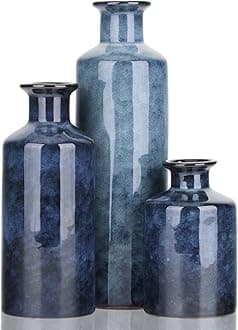 Blue Ceramic Vases Set - 3 Blue Small Vases, Farmhouse Country Centerpieces