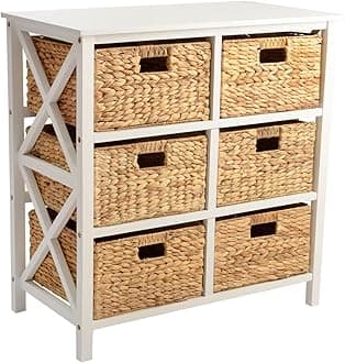eHemco 3 Tier X-Side End Storage Cabinet, Table with 6 Wicker Baskets for Bedroom, Living Room in White