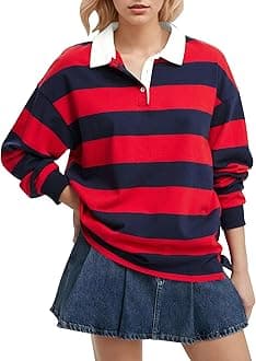 Rugby Shirt Women Polo Striped Sweatshirt Oversized Long Sleeve Lapel V Neck Pullover Top Y2K Streetwear Blouses