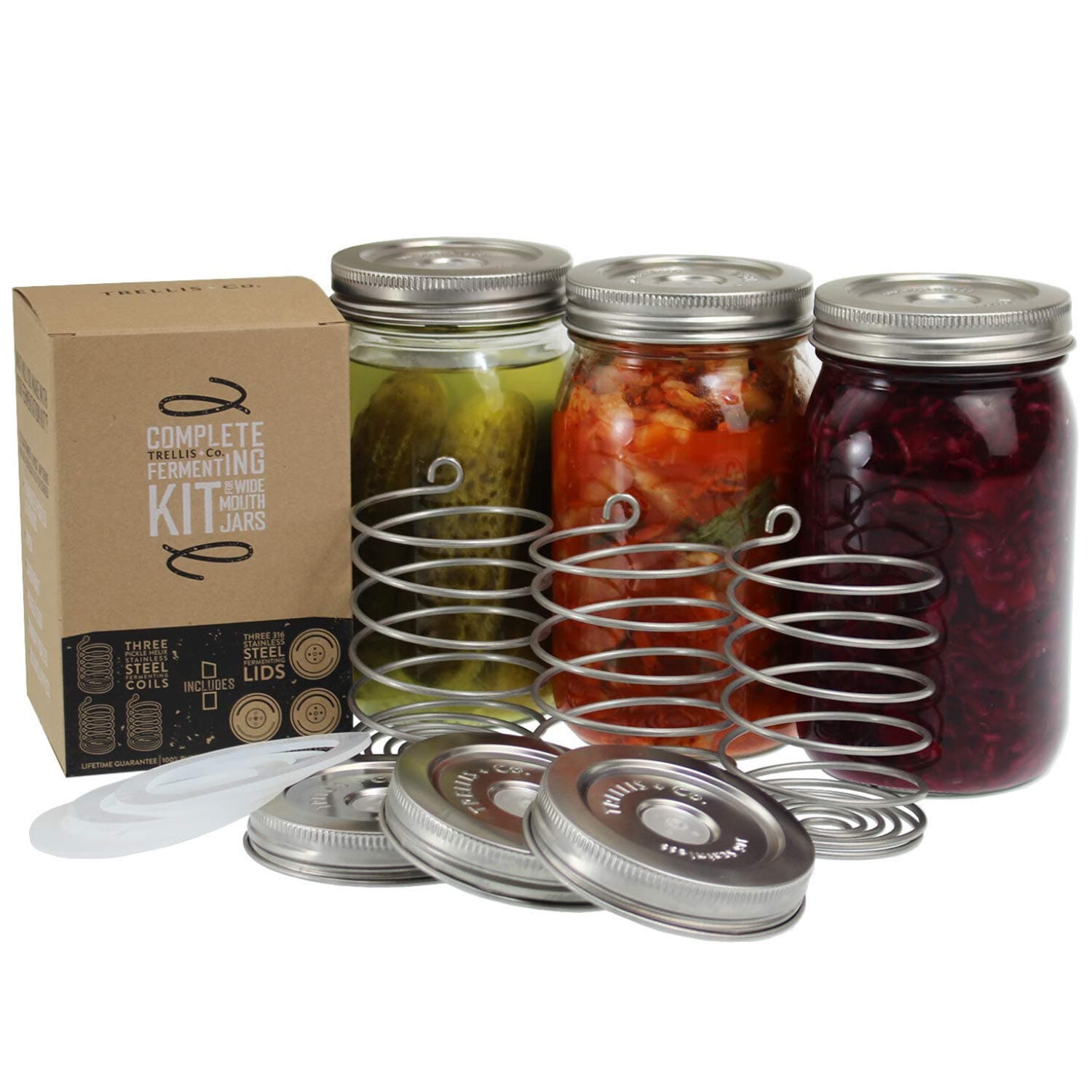 Stainless Steel Fermentation Jar Kit | 3 Waterless Fermenter Airlock Lids & 3 Pickle Helix Fermentation Weights, for Wide Mouth Mason Jars | Recipe eBook Included with Fermenting Kit