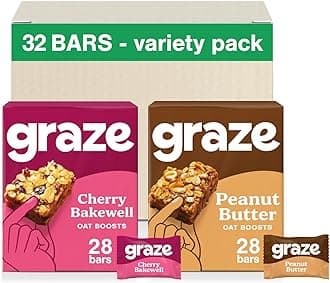 Graze - Cherry Bakewell & Peanut Butter Oat Boost Bars Snacks - Made With Whole Oats and Natural Flavours - 8x4 snack bars - Total of 32 snacks