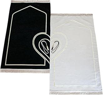 Muslim Prayer Rug for Couples, Praying Mat Set for Women & Men, Soft Prayers Matt with Prayer Beads, Islamic Gifts for Ramadan Eid, Two Pieces, White-Black