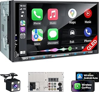PLZ 7" Wireless Double Din Car Stereo Apple Carplay Radio QLED Screen for Car, Android Auto, Bluetooth 5.3, Fast Charger, 1080P Backup Camera, 4.2 Channel Outputs 240W, 2 Subwoofer