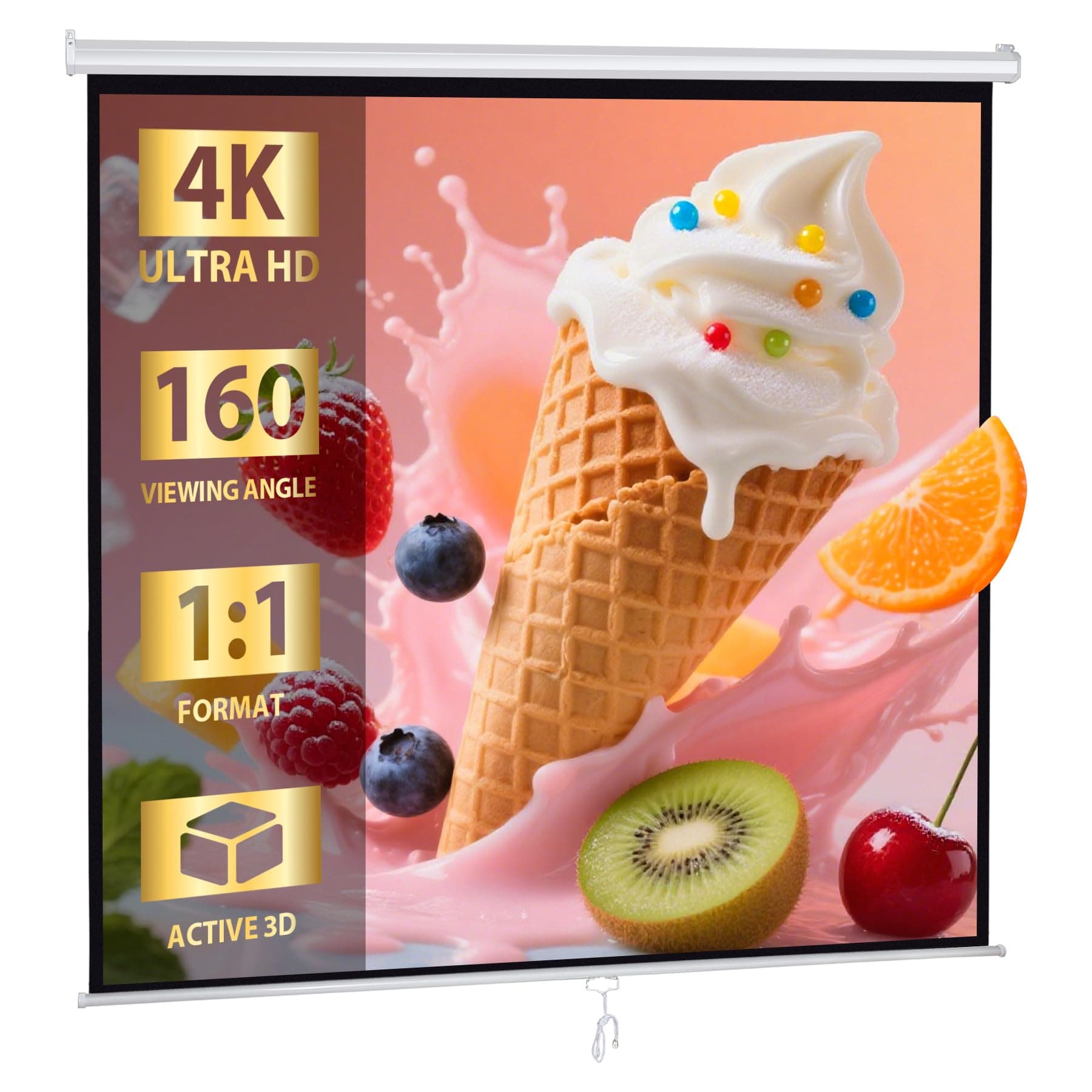 120'' Projector Screen, Retractable Projection Screen Manual Pull Down HD Screen 1:1 Format for Home Cinema Theater Presentation Education Outdoor Indoor Public Display