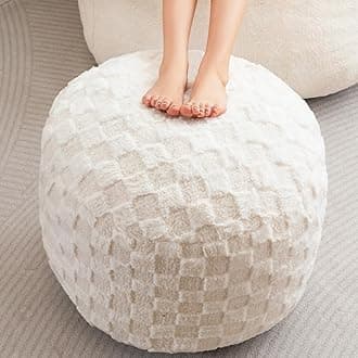 HIGOGOGO Round Stuffed Pouf Ottoman, Plaid Poufs with Foam Chunk Filling, Fluffy and Furry Pouf Foot Stool Storage Ottoman, 26 X 18 Floor Poufs Foot Rest for Living Room, Beige