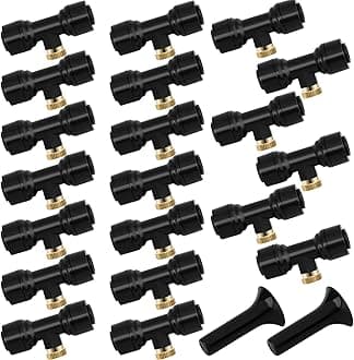 20 Pack Misting Nozzles Kit Include 20 Brass Misting Nozzles 20 Water Misting Nozzle Tees Thread 1/4 Inch and 2 Black Plug for Patio Misting System Outdoor Cooling System Garden Water Mister