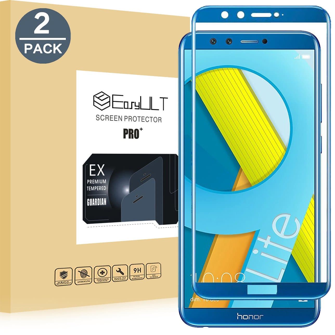 EasyULT [2 pack] Screen Protector Honor 9 Lite, 2-Pack Premium Tempered Glass Full Cover Screen Protector Film for Honor 9 Lite-Blue